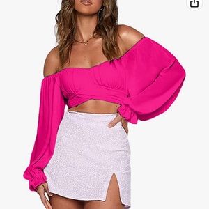 Hot pink ruffle long sleeve off the shoulder tie back blouse